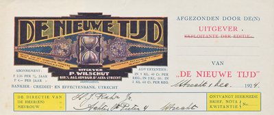 710706 Kop van een nota van het tijdschrift 'DE NIEUWE TIJD', Uitgever P. Wilschut, Directeur van het Algemeen ...